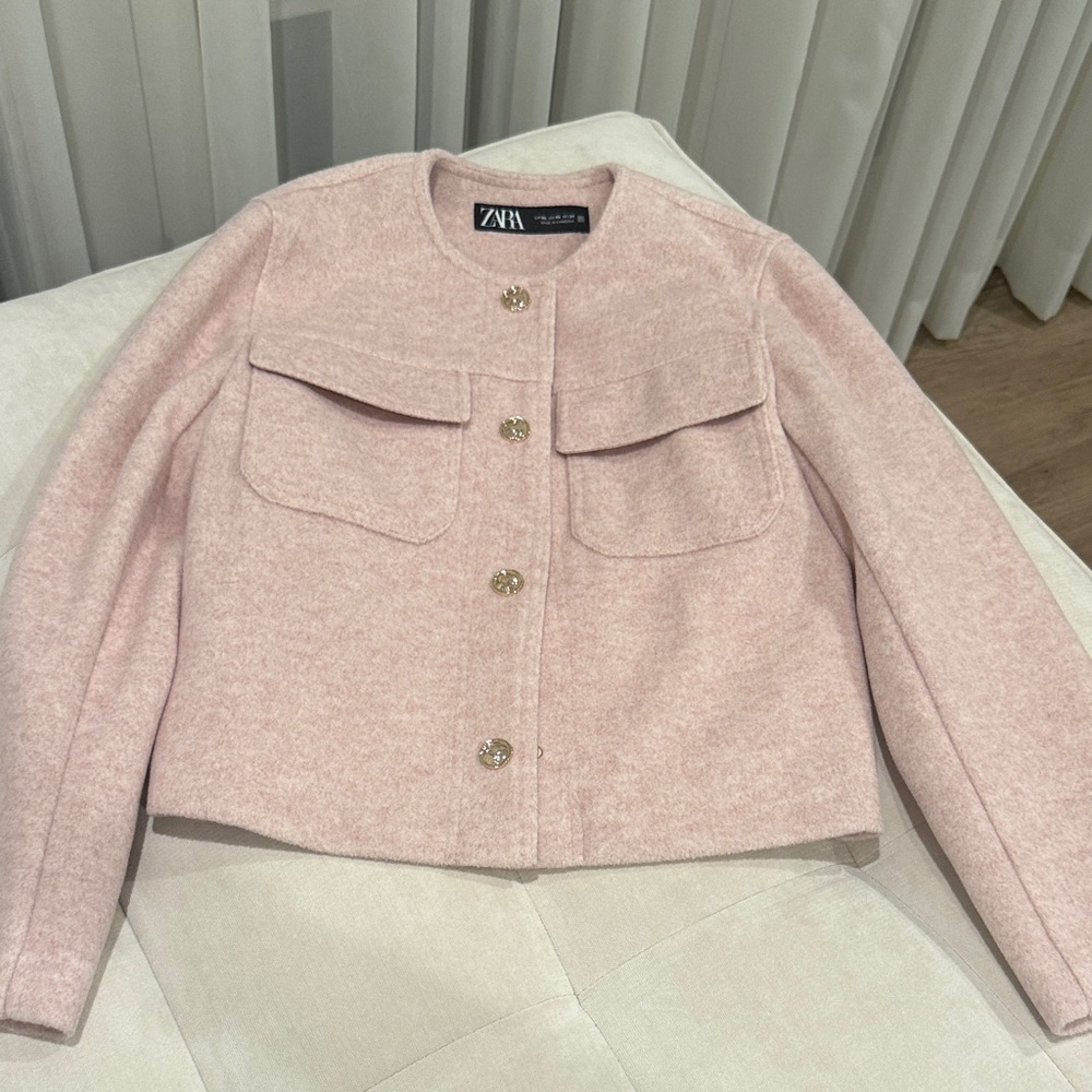 Zara Light Pink Wool-Blend Cropped Button Jacket